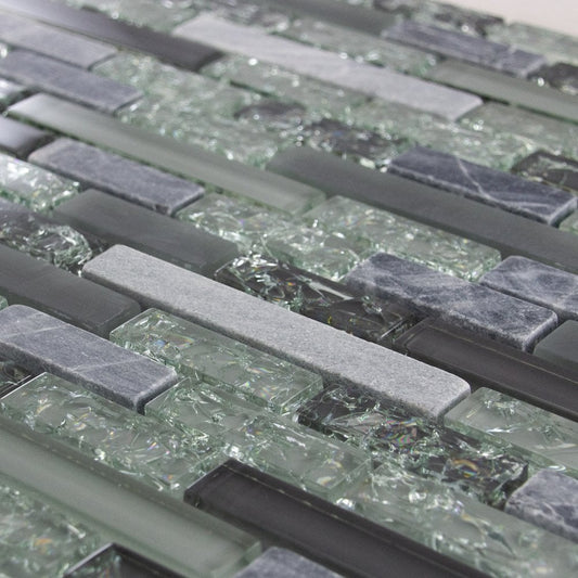 Textured Grey, Khaki Crackled Glass & Stone Mosaic Wall Tiles Sheet 8mm