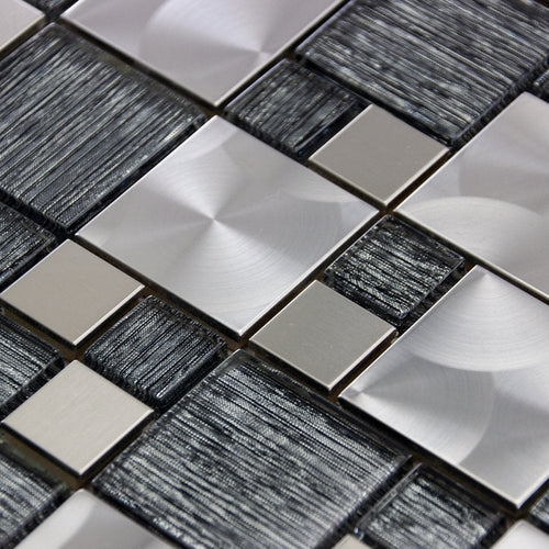 Luxury Textured Grey Glass & Brushed Steel Mix Mosaic Wall Tiles Sheet 8mm SCH003T