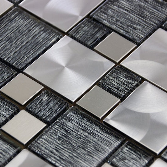 Textured Grey Glass & Brushed Steel Mix Mosaic Wall Tiles Sheet 8mm