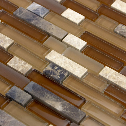 Textured Brown, Copper Glass & Beige Stone Mosaic Wall Tiles Sheet 8mm