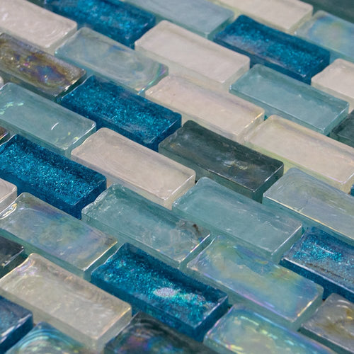 Luxury Textured Aqua, Blue & Pearl Iridescent Glass Mosaic Wall Tiles Sheet 8mm