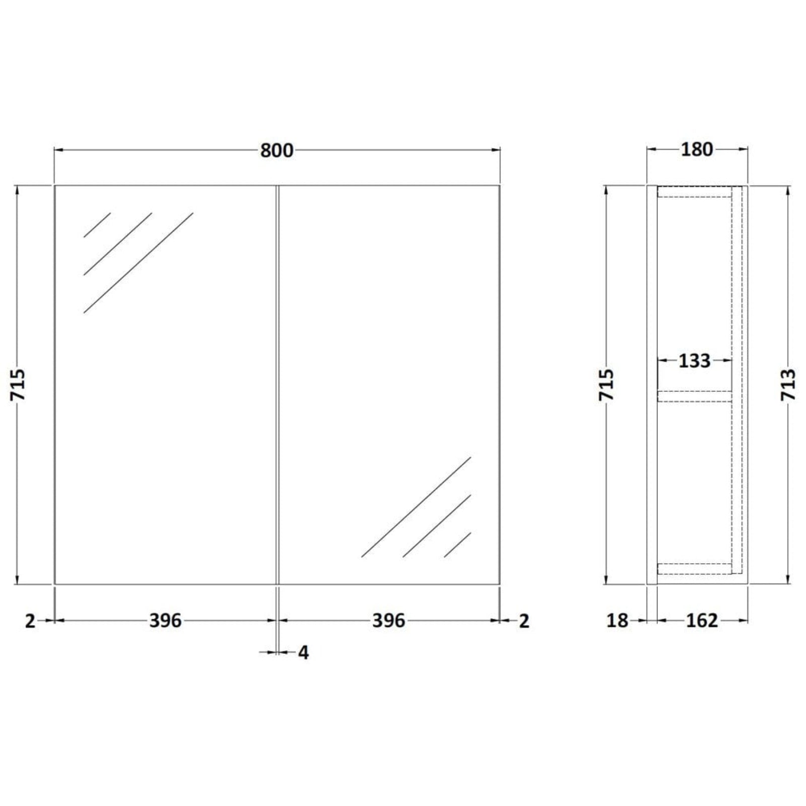 Fusion 800mm Wall Hung 2 Door Mirror Unit with Woodgrain and Gloss Finishes