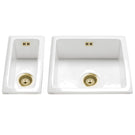 White double bowl ceramic farmhouse sink with gold waste kit