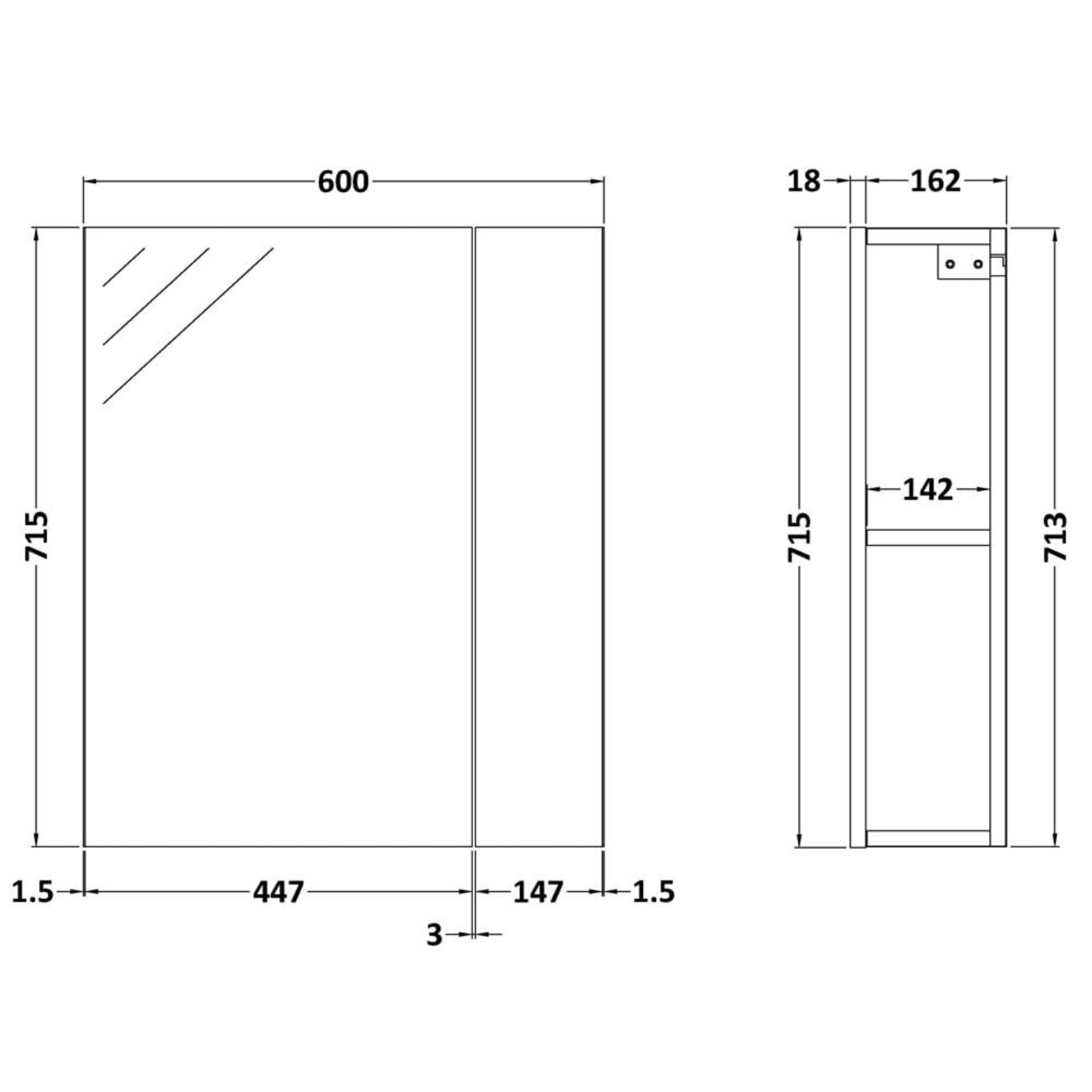 Gloss 600mm 75/25 Mirror Unit by Hudson Reed and Nuie Athena Collection