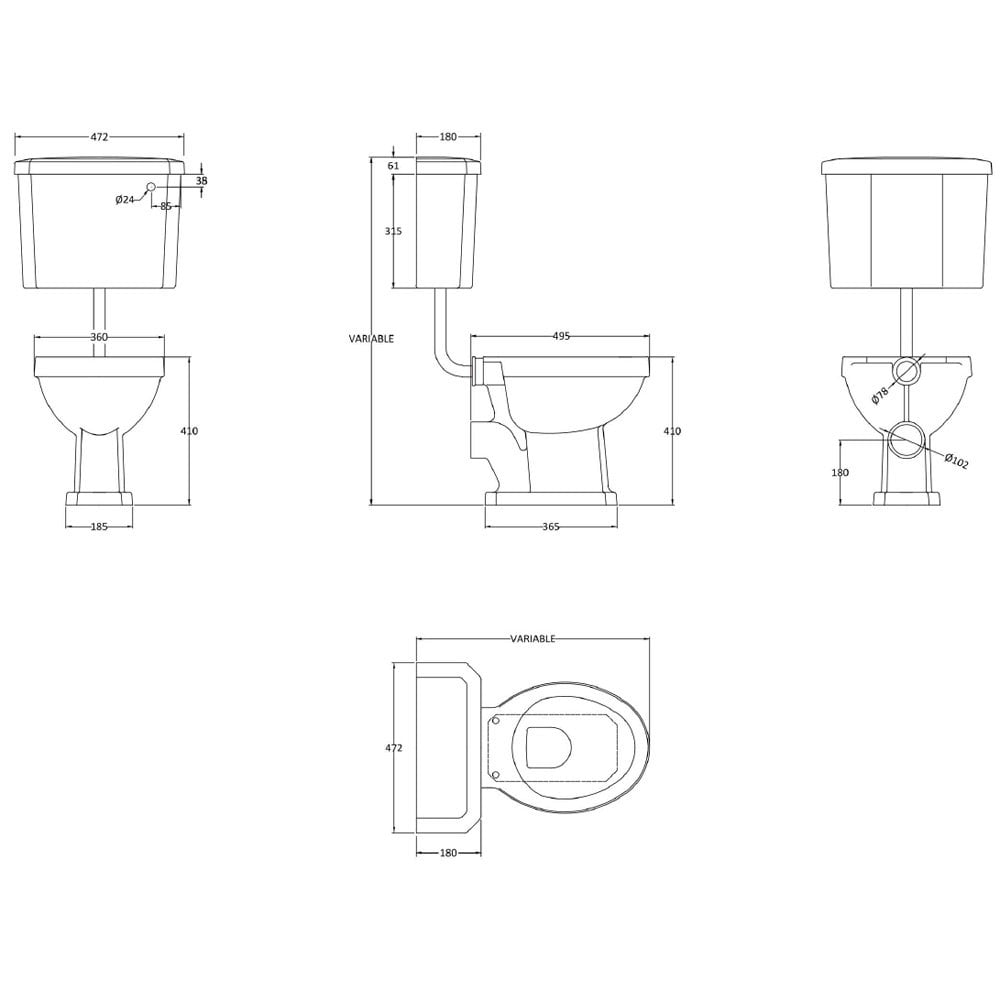 Nuie Carlton White Low Level Pan, Cistern & Flush Pipe Kit - CCT001