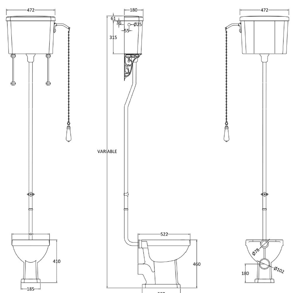 Nuie Carlton White High Level WC Toilet, Flush Pipe Kit & Chrome Hinges Seat