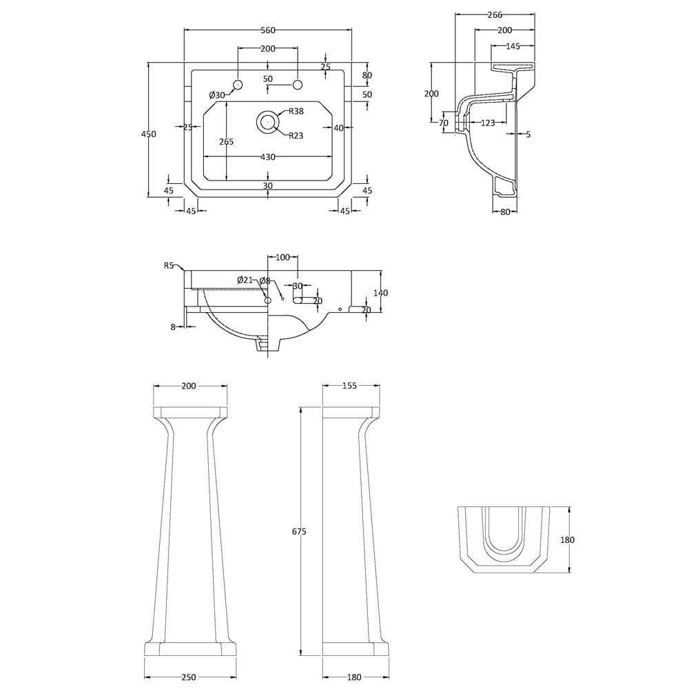 Nuie Carlton 560x450 2th White Basin & Full Pedestal - CCT004
