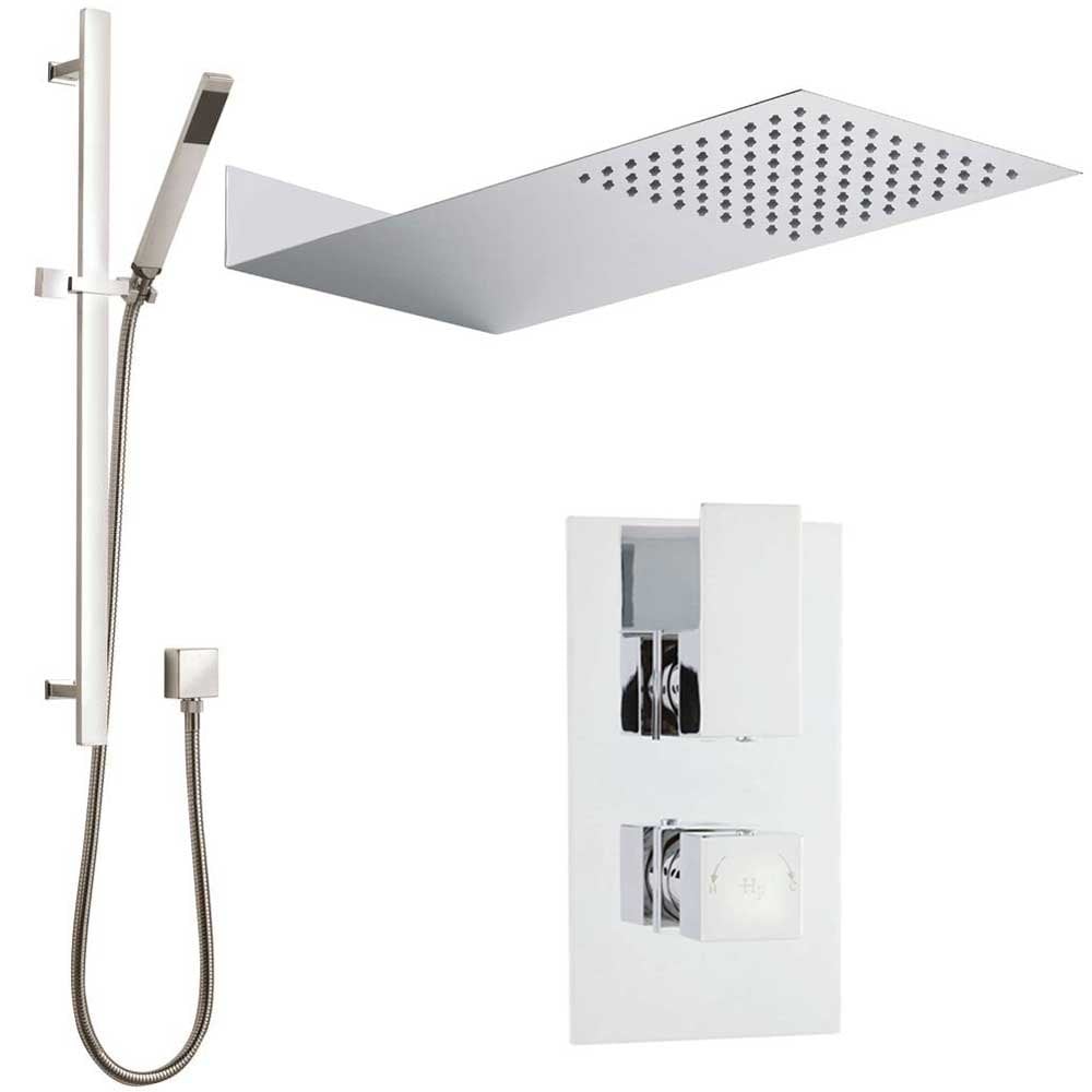 Hudson Reed Art Thermostatic Shower Valve, Rectangular Head 430mm & Riser Kit