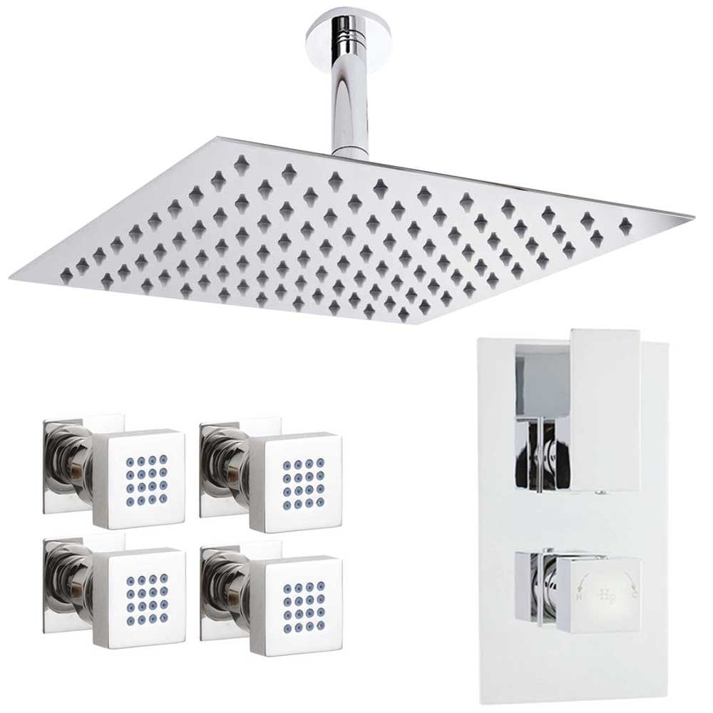 Hudson Reed Art Thermostatic Shower Valve, Square Head 300mm, Arm & 4 Body Jets