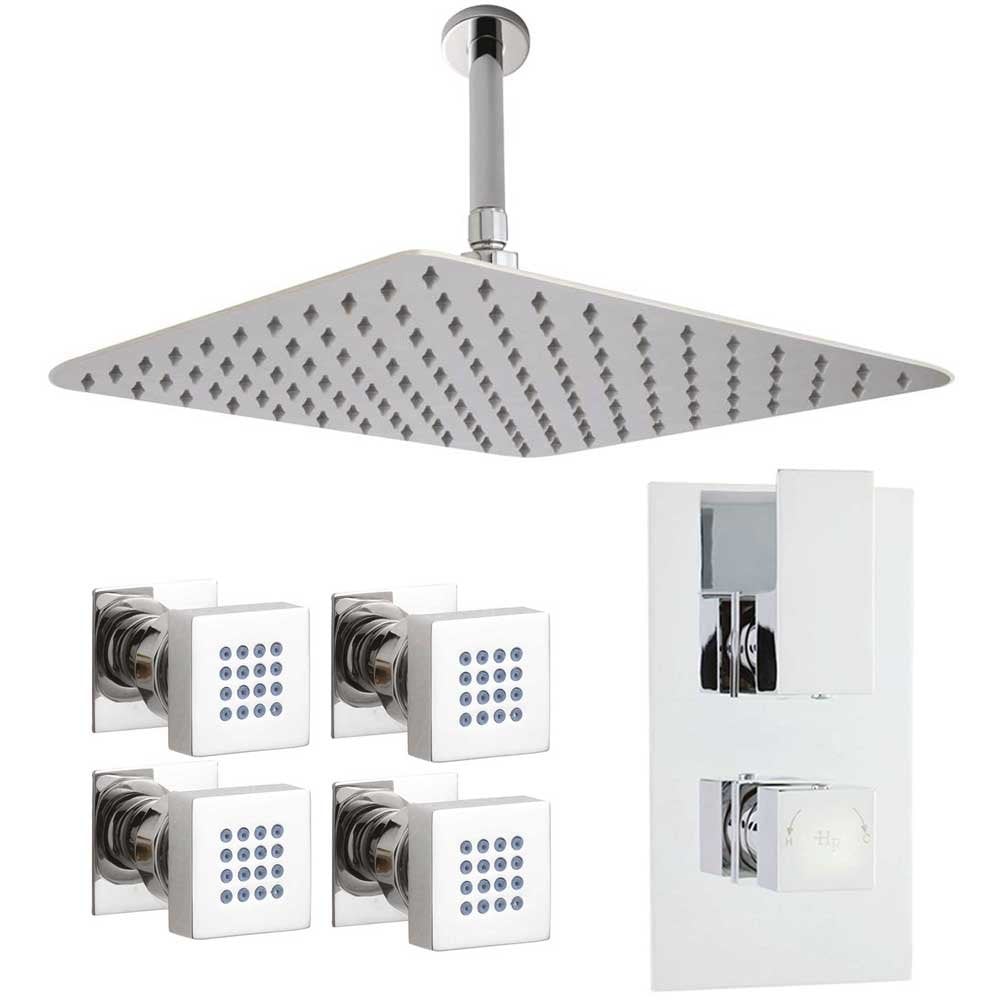 Hudson Reed Art Thermostatic Shower Valve, Square Head 400mm, Arm & 4 Body Jets