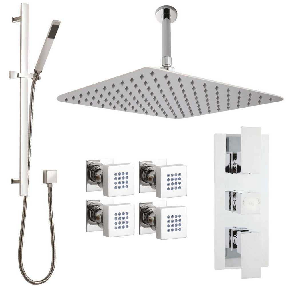Hudson Reed Art Thermostatic Shower Valve, Square SS Head 400mm, Riser & Jets