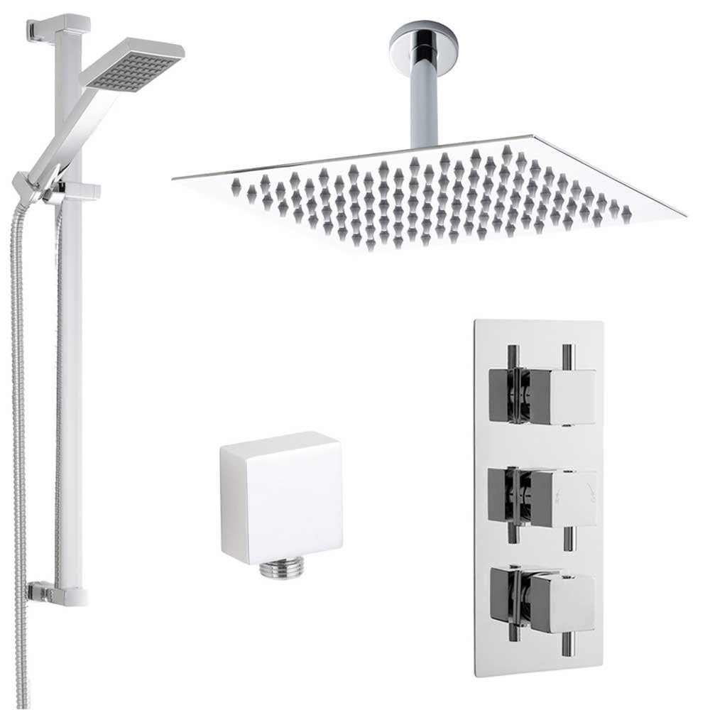 Nuie Volt Thermostatic Shower Mixer Valve, 200mm Head, Arm & Riser Kit PSKIT120