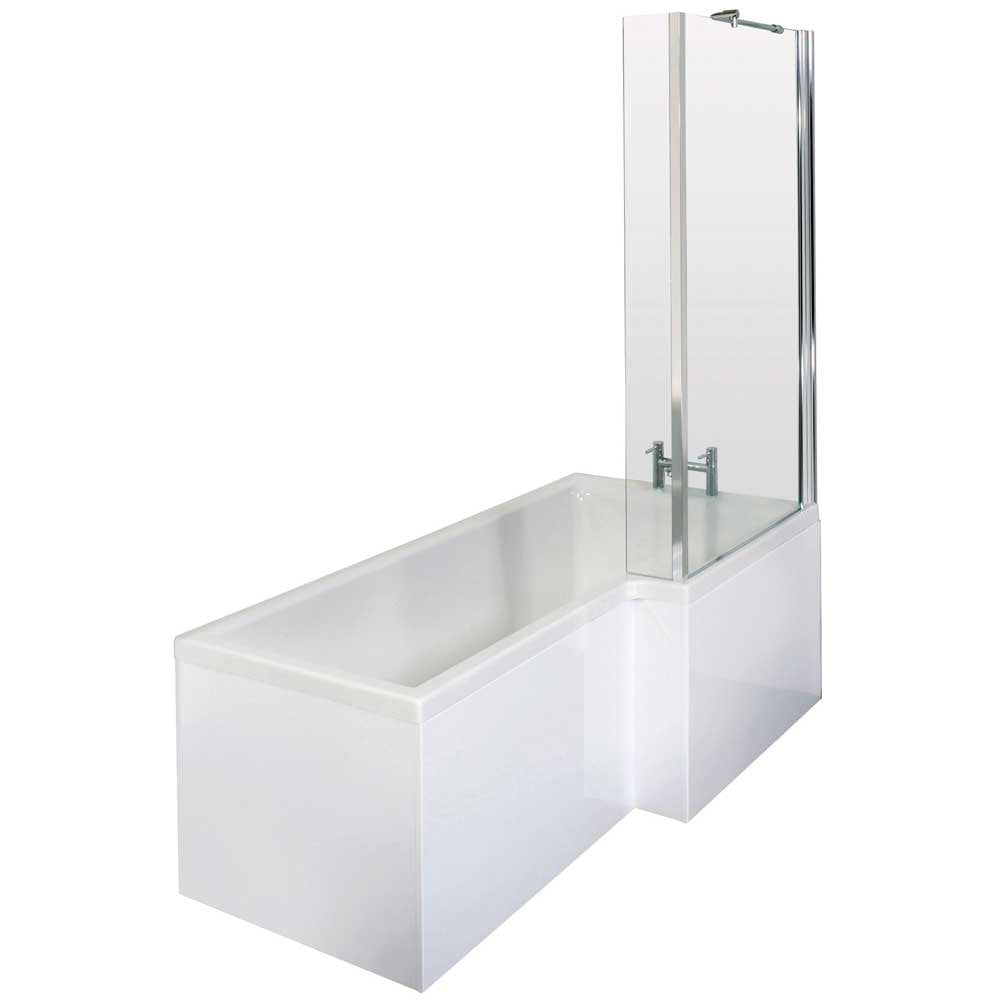 Nuie Square L Shape 1500mm Shower Bath RH, Fixed Screen & White Panel