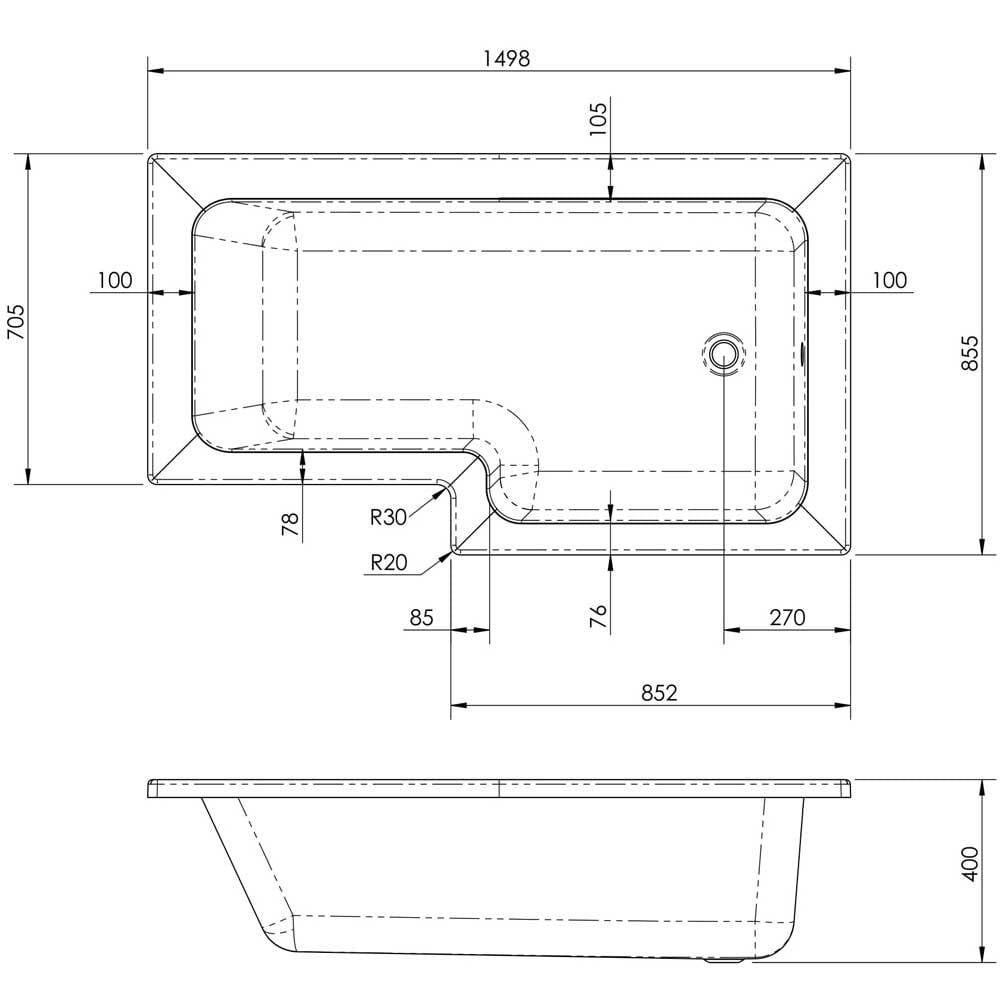 Nuie Square L Shape 1500mm Shower Bath RH, Fixed Screen & White Panel