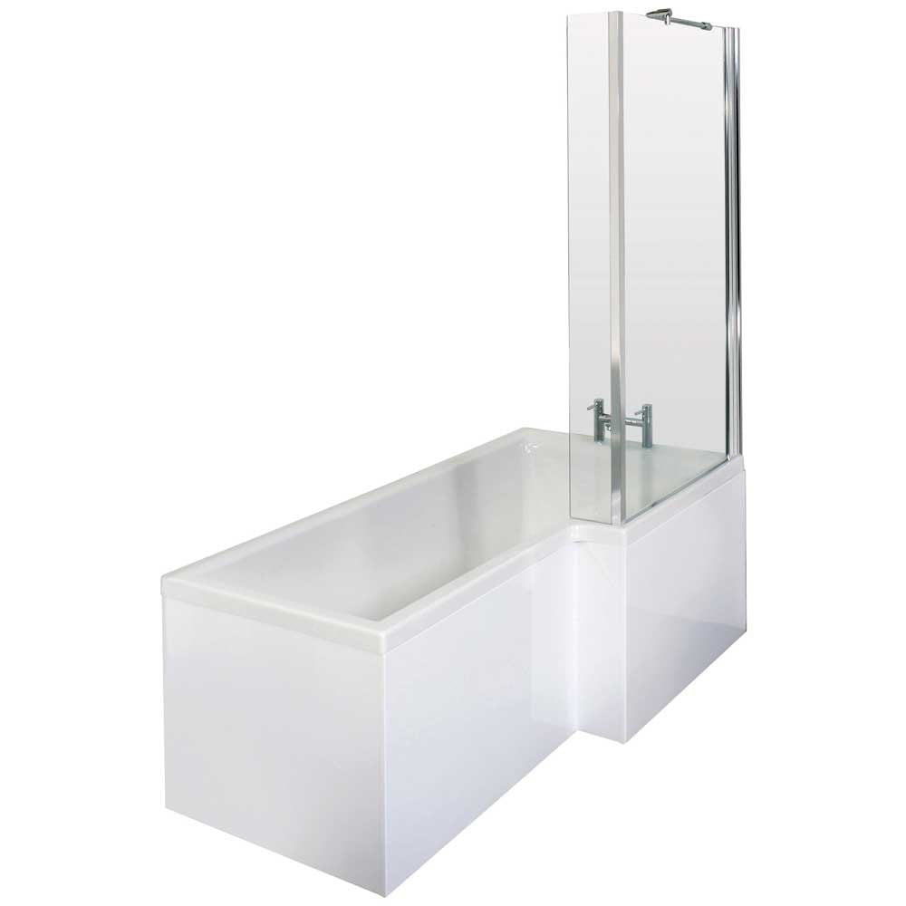 Nuie Square L Shape 1700mm Shower Bath RH, Fixed Screen & White Panel