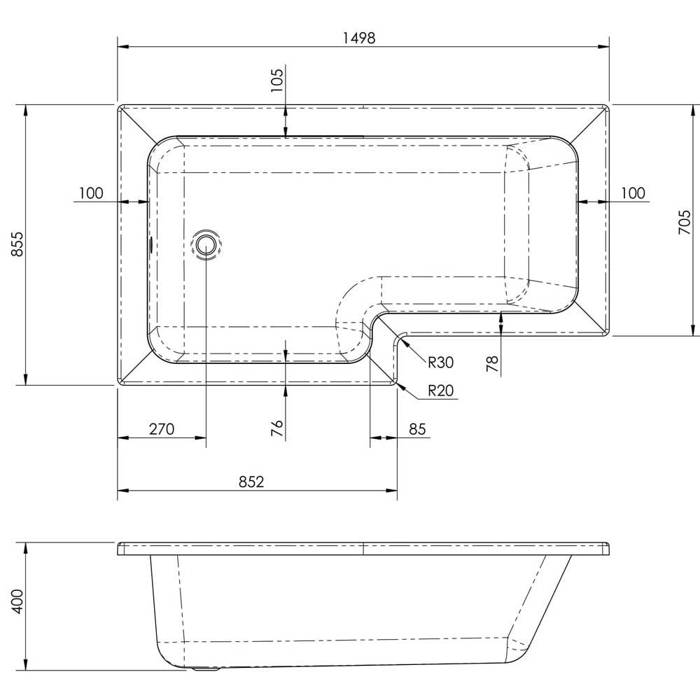 Nuie Square L Shape 1500mm Shower Bath LH, Fixed Screen & White Panel