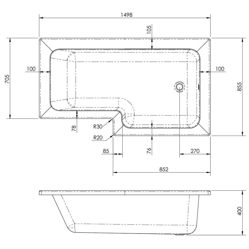 Nuie Square L Shape Single Ended Bath RH 1498x855x705