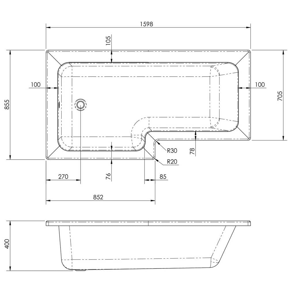 Nuie Square L Shape Single Ended Bath LH 1598x855x705