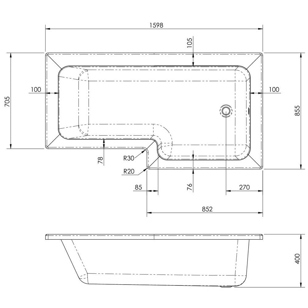Nuie Square L Shape Single Ended Bath RH 1598x855x705