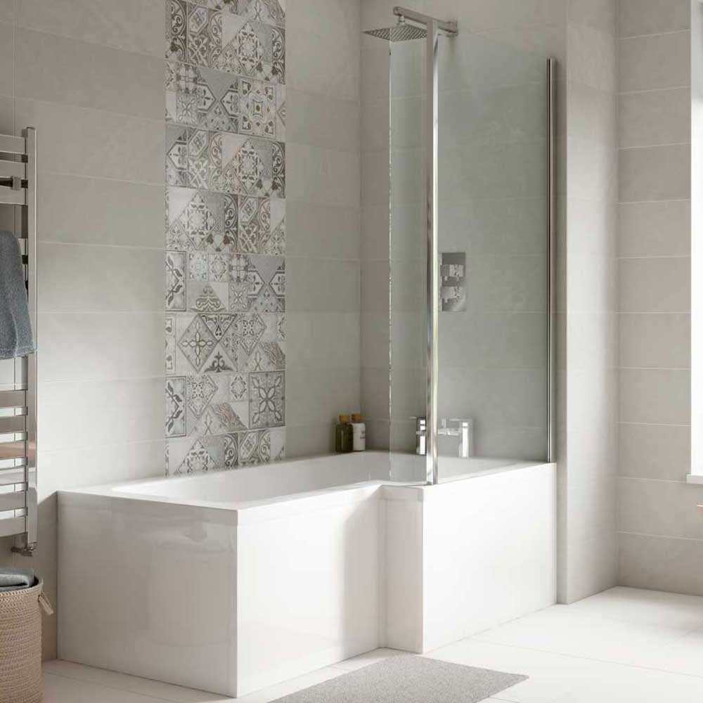 Nuie Square L Shape 1700mm Shower Bath RH, Fixed Screen & White Panel