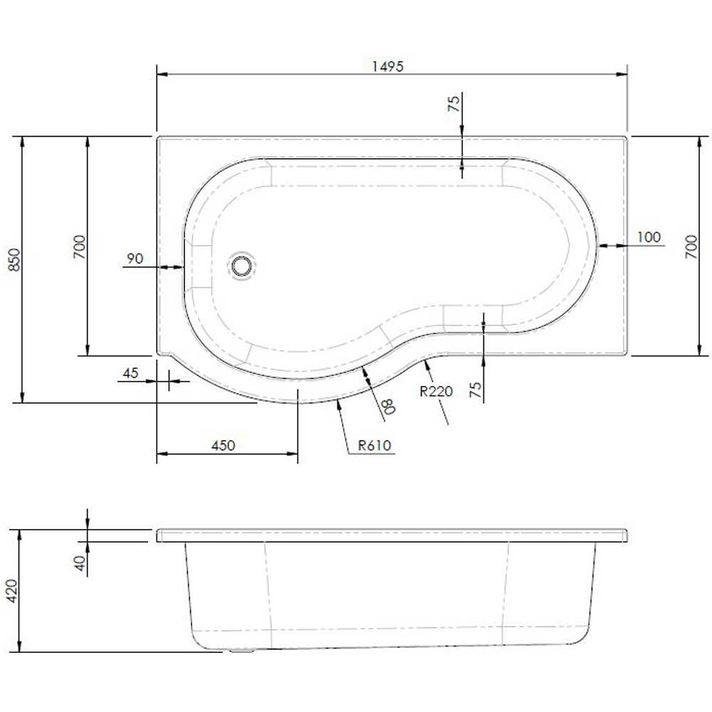 Nuie Curved P Shaped Single Ended Bath LH 1500x850x700