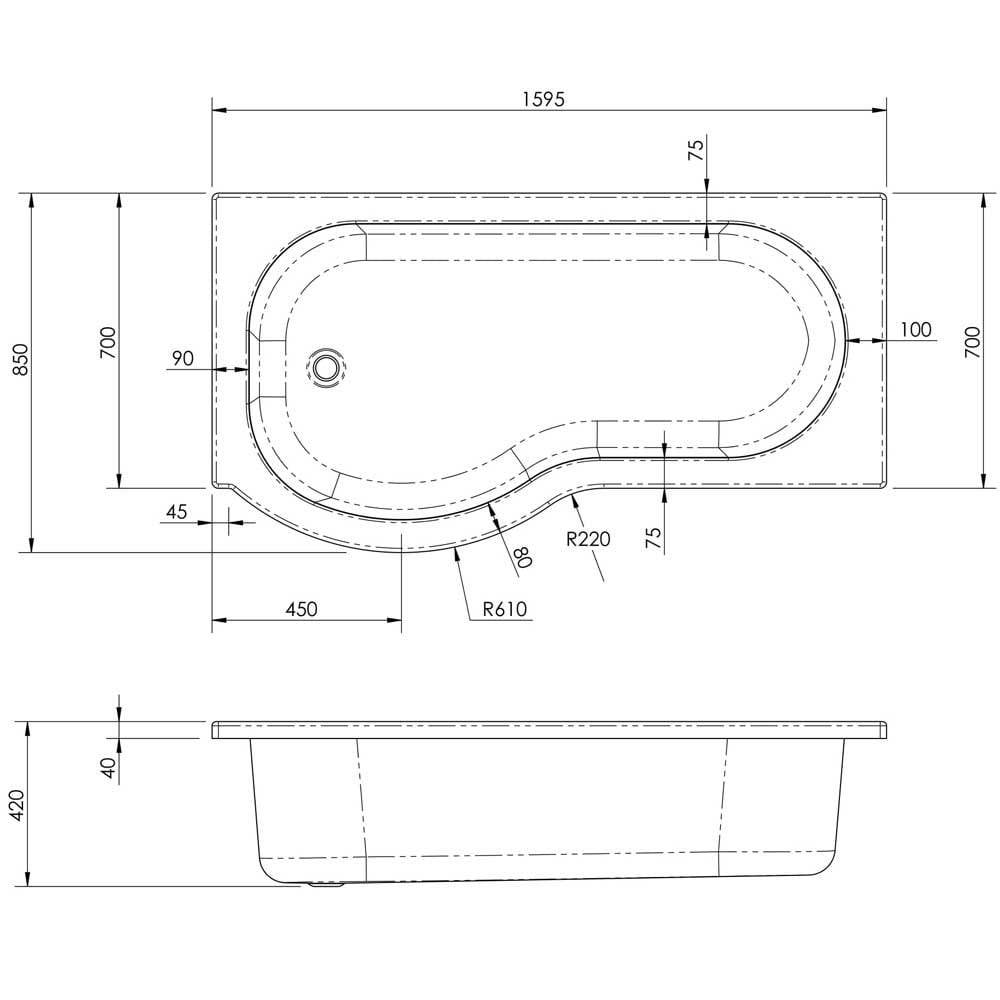 Nuie Curved P Shaped Single Ended Bath LH 1600x850x700