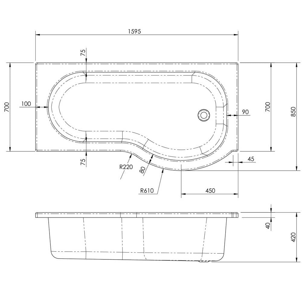 Nuie Curved P Shaped Single Ended Bath RH 1600x850x700