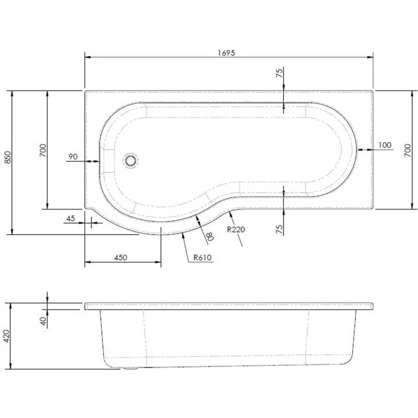 Nuie Curved P Shaped Single Ended Bath LH 1700x850x700