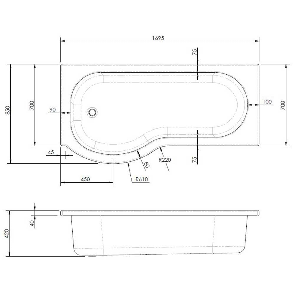 Nuie Curved P Shape 1700mm Shower Bath LH, Fixed Screen & White Panel