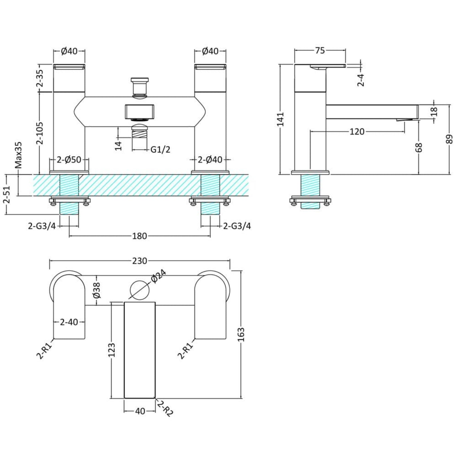 Hudson Reed Sottile Chrome Twin Lever Bath Shower Mixer Tap SOT304
