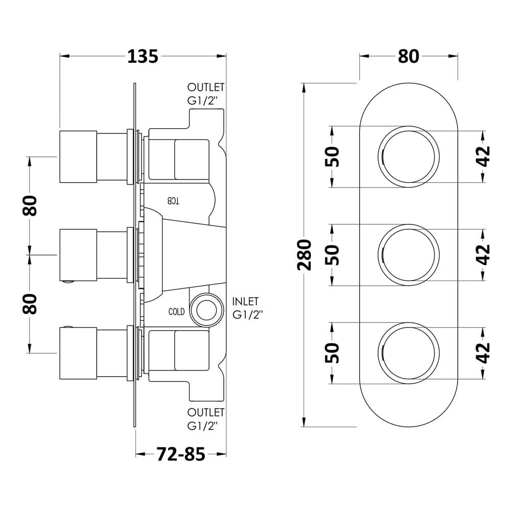 Hudson Reed Chrome Concealed Triple Handle Thermostatic Shower Valve RNDTR02