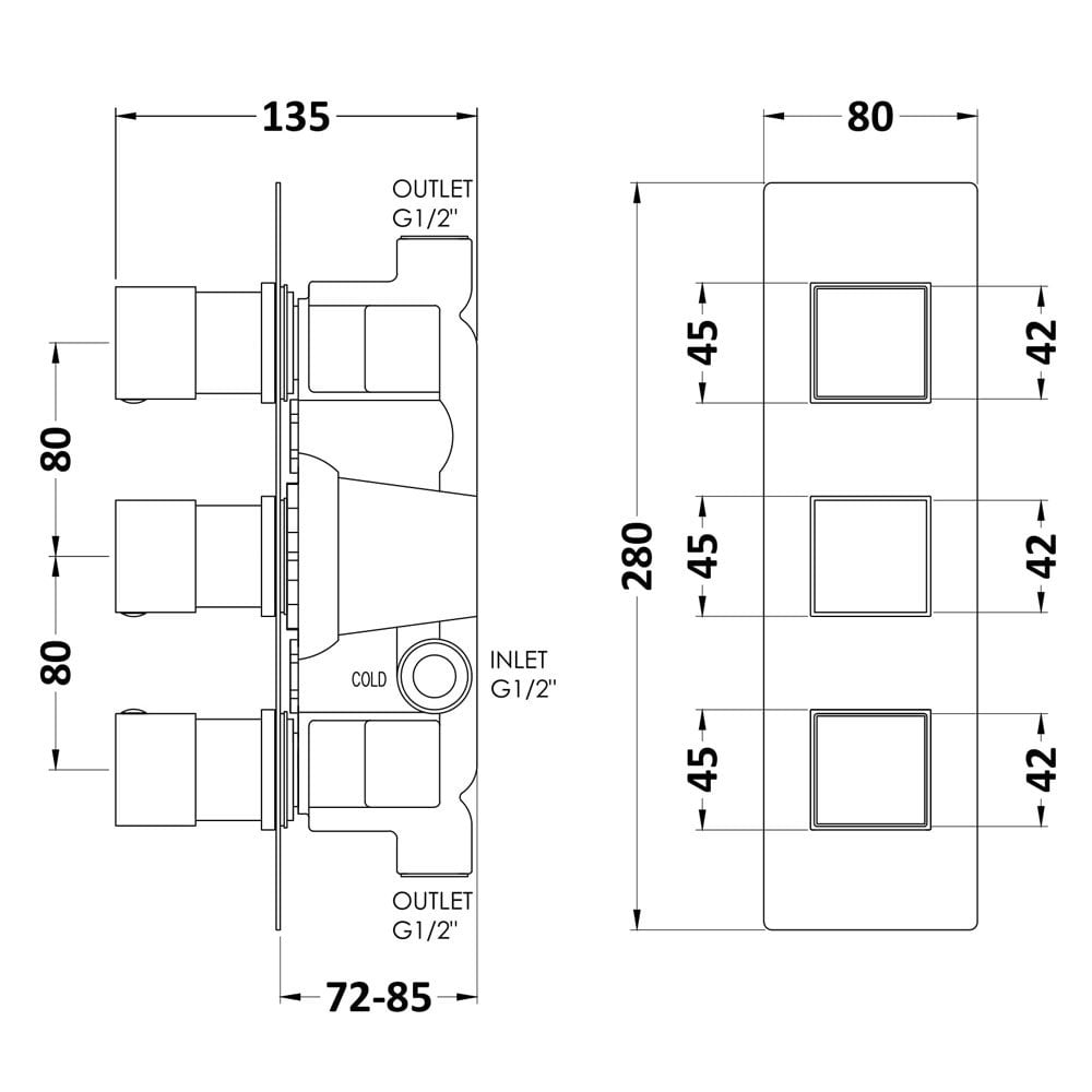 Hudson Reed Chrome Concealed Triple Handle Thermostatic Shower Valve SQRTR02