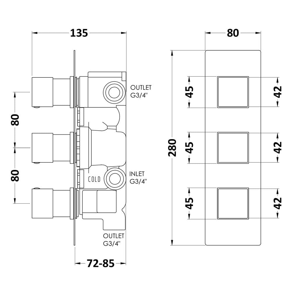 Hudson Reed Chrome Concealed Thermostatic Shower Valve With Diverter SQRTR03