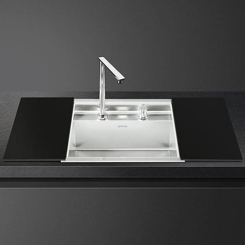 Smeg Linea 1.0 Bowl Satin S/Steel Inset Kitchen Sink 60cm With Tap & Chopping Boards VQMX60N2