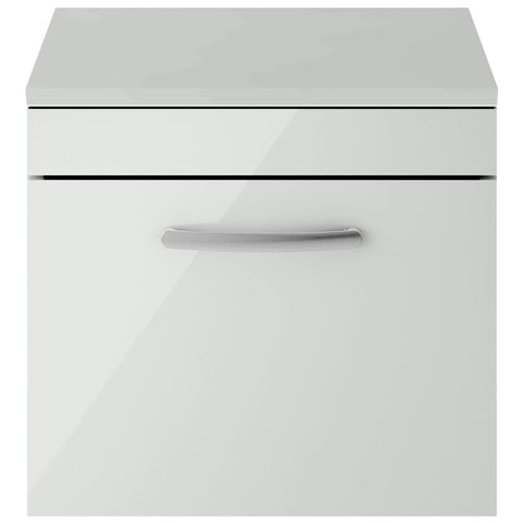 Nuie Athena Gloss Grey Mist 500mm Wall Hung Single Drawer Cabinet & Worktop - ATH104W