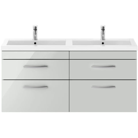 Nuie Athena Gloss Grey Mist 1200mm Wall Hung 4-Drawer Cabinet & Double Basin - ATH110C