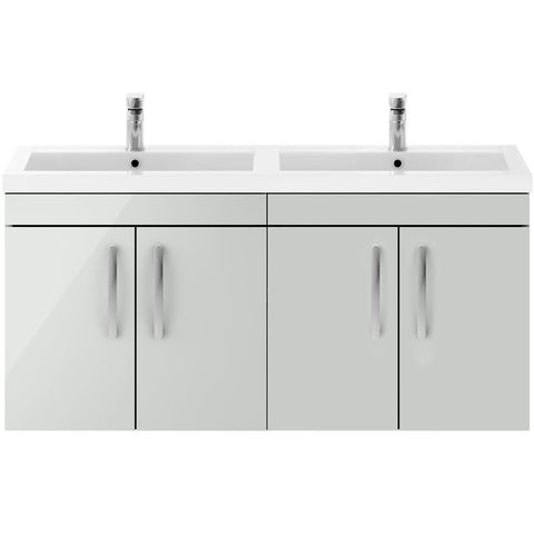 Nuie Athena Gloss Grey Mist 1200mm Wall Hung 4-Door Cabinet & Double Basin - ATH111C