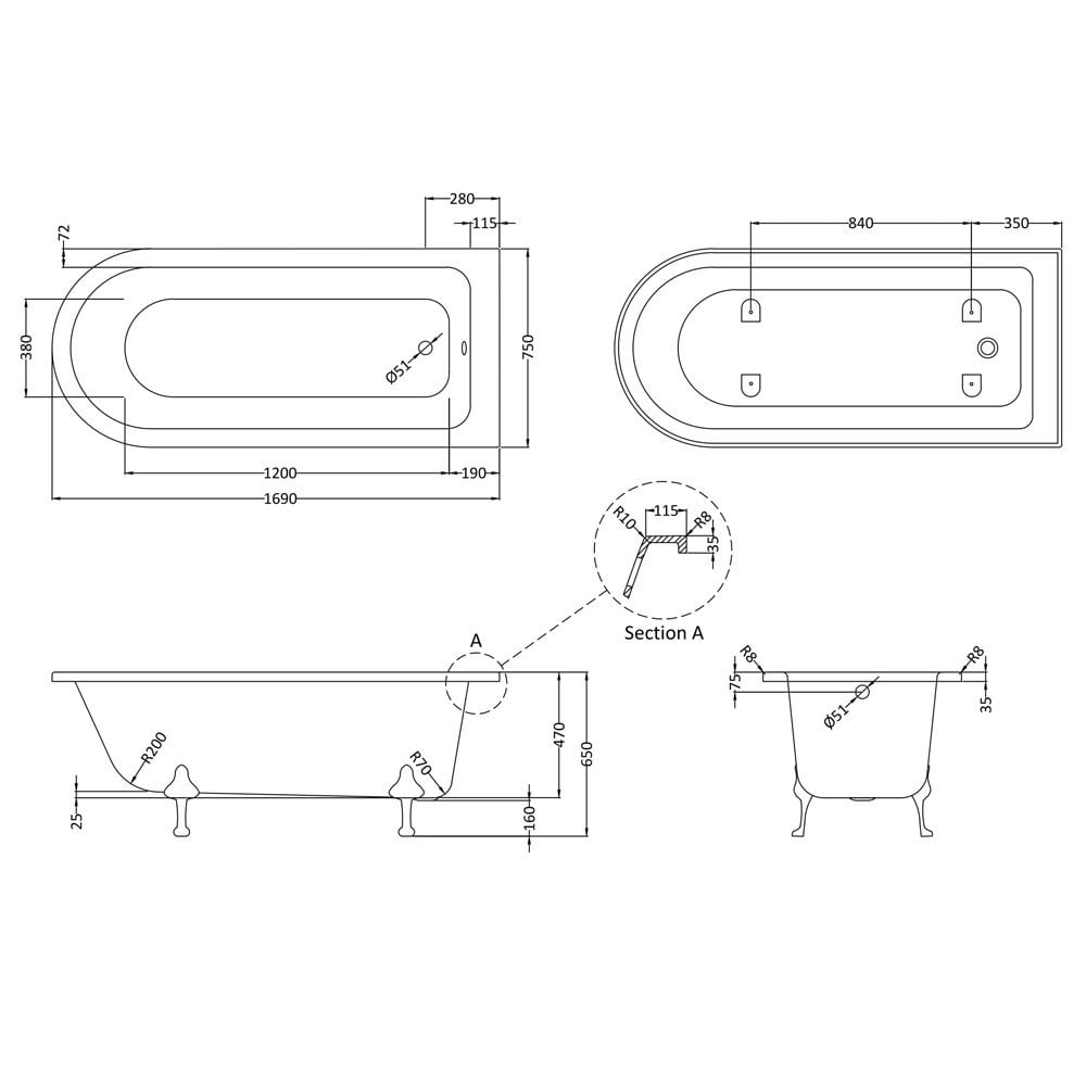 Hudson Reed Winterburn 1700mm Freestanding Shower Bath & Pride Leg Set