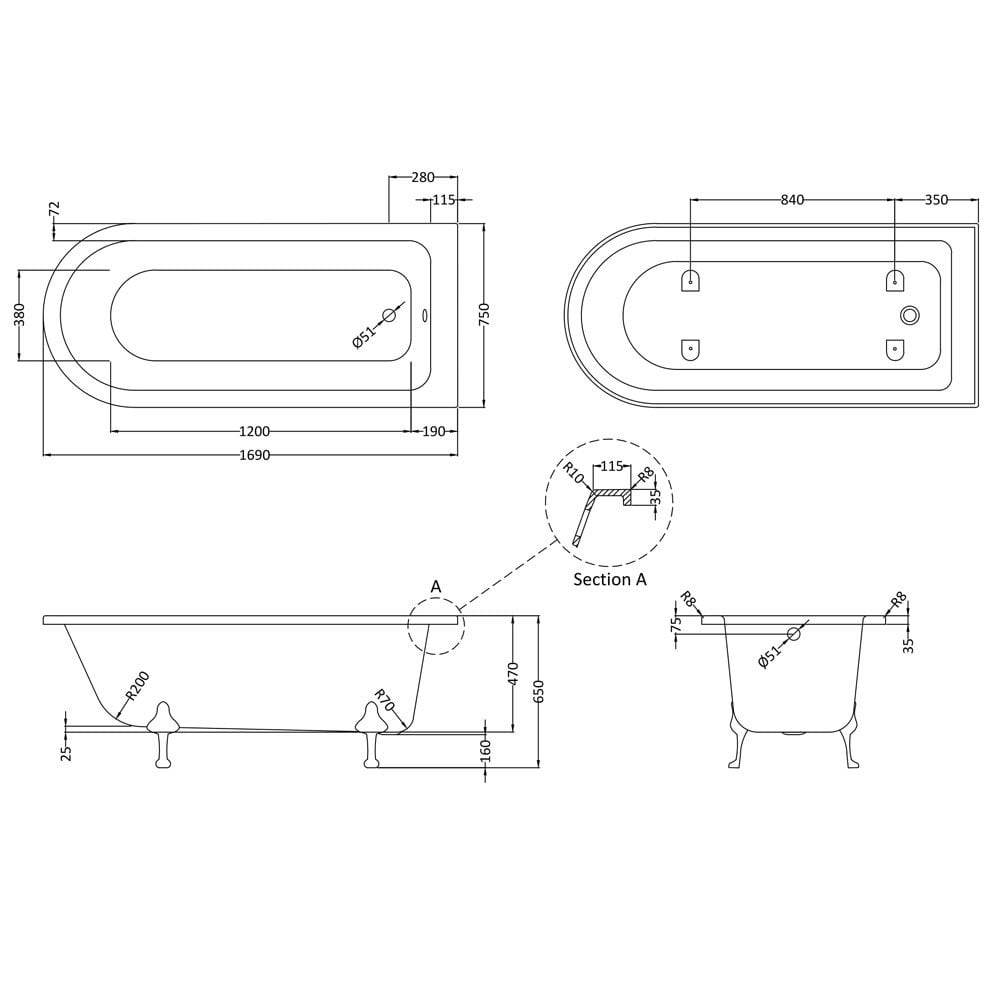 Hudson Reed Winterburn 1700mm Freestanding Shower Bath & Deacon Leg Set