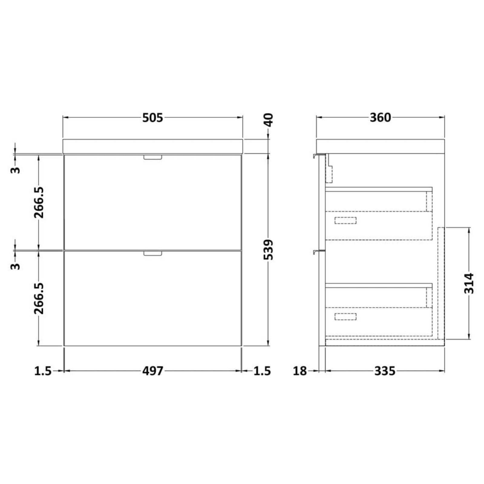 Hudson Reed Fusion 500mm Wall Hung 2-Drawer Vanity Unit & Basin with Polymarble Basin