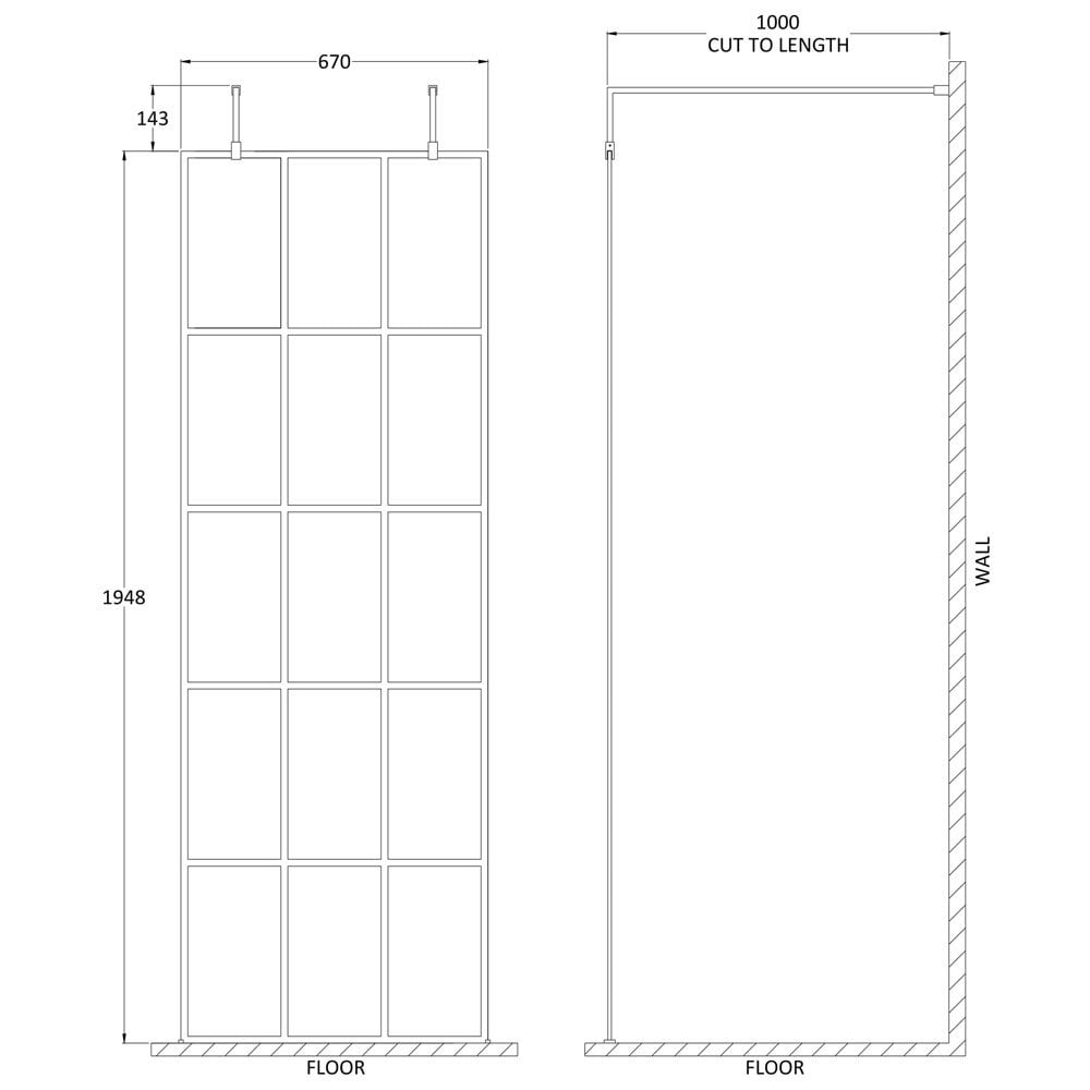 Hudson Reed Black Frame Wetroom Shower Screen With Support Arm & Feet 700x1950x8mm - BFAF070