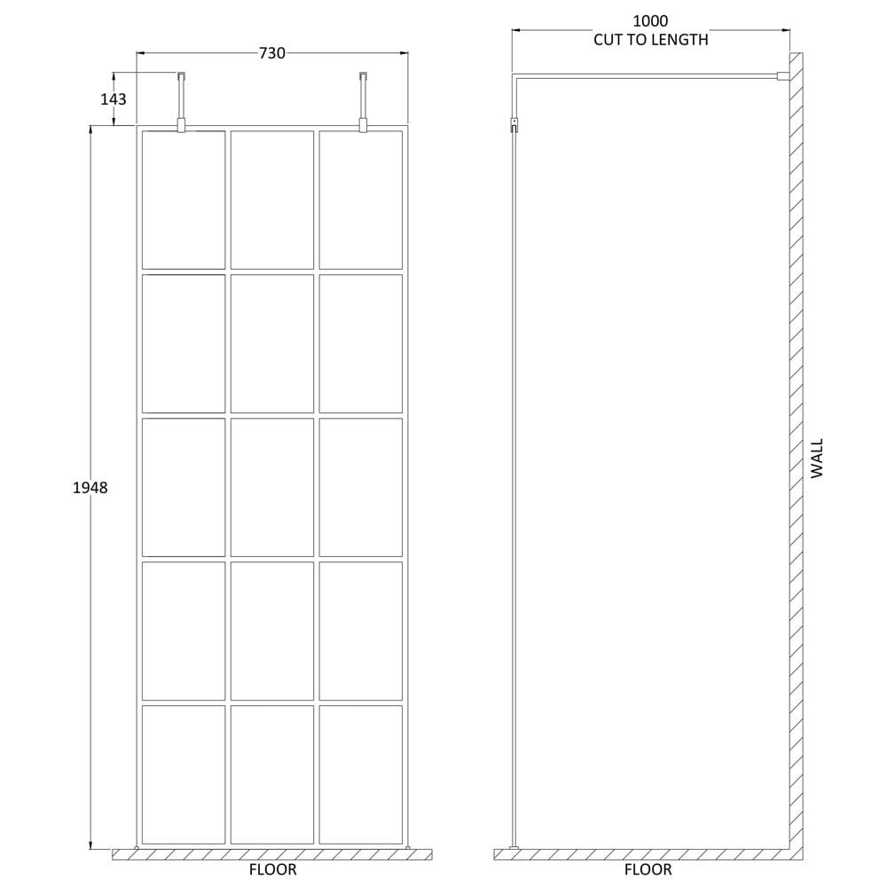Hudson Reed Black Frame Wetroom Shower Screen With Support Arm & Feet 760x1950x8mm - BFAF076