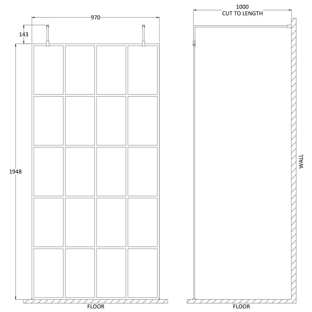 Hudson Reed Black Frame Wetroom Shower Screen With Support Arm & Feet 1000x1950x8mm - BFAF10