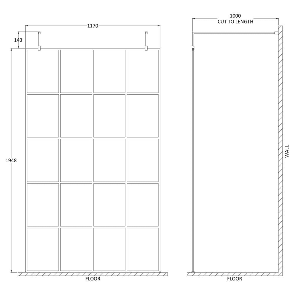 Hudson Reed Black Frame Wetroom Shower Screen With Support Arm & Feet 1200x1950x8mm - BFAF12