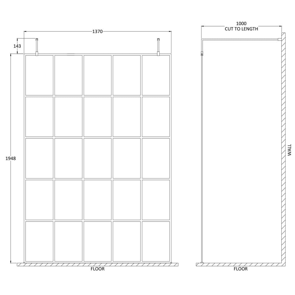 Hudson Reed Black Frame Wetroom Shower Screen With Support Arm & Feet 1400x1950x8mm - BFAF14