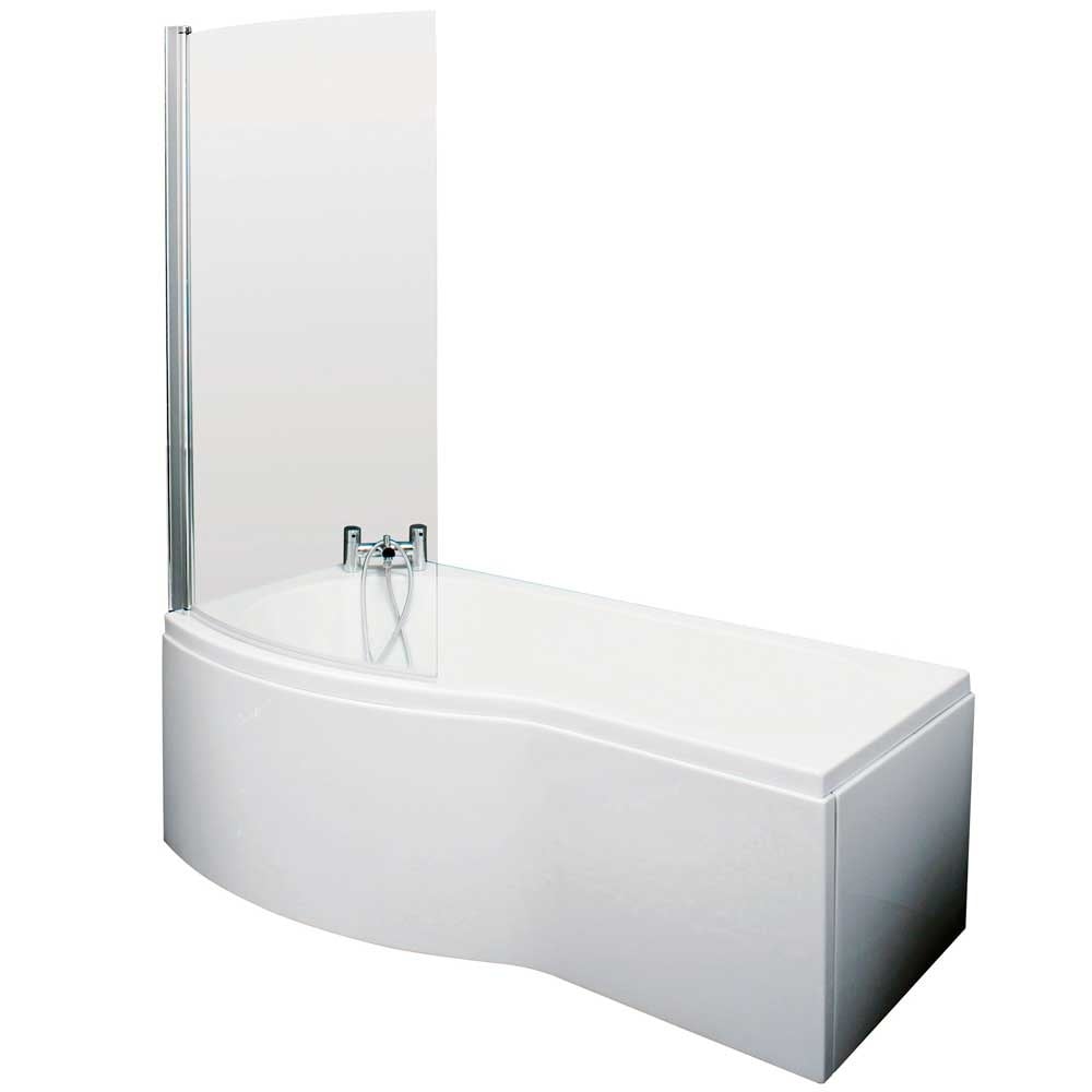 Nuie Curved B Shape 1700mm Shower Bath LH, Fixed Screen & White Panel