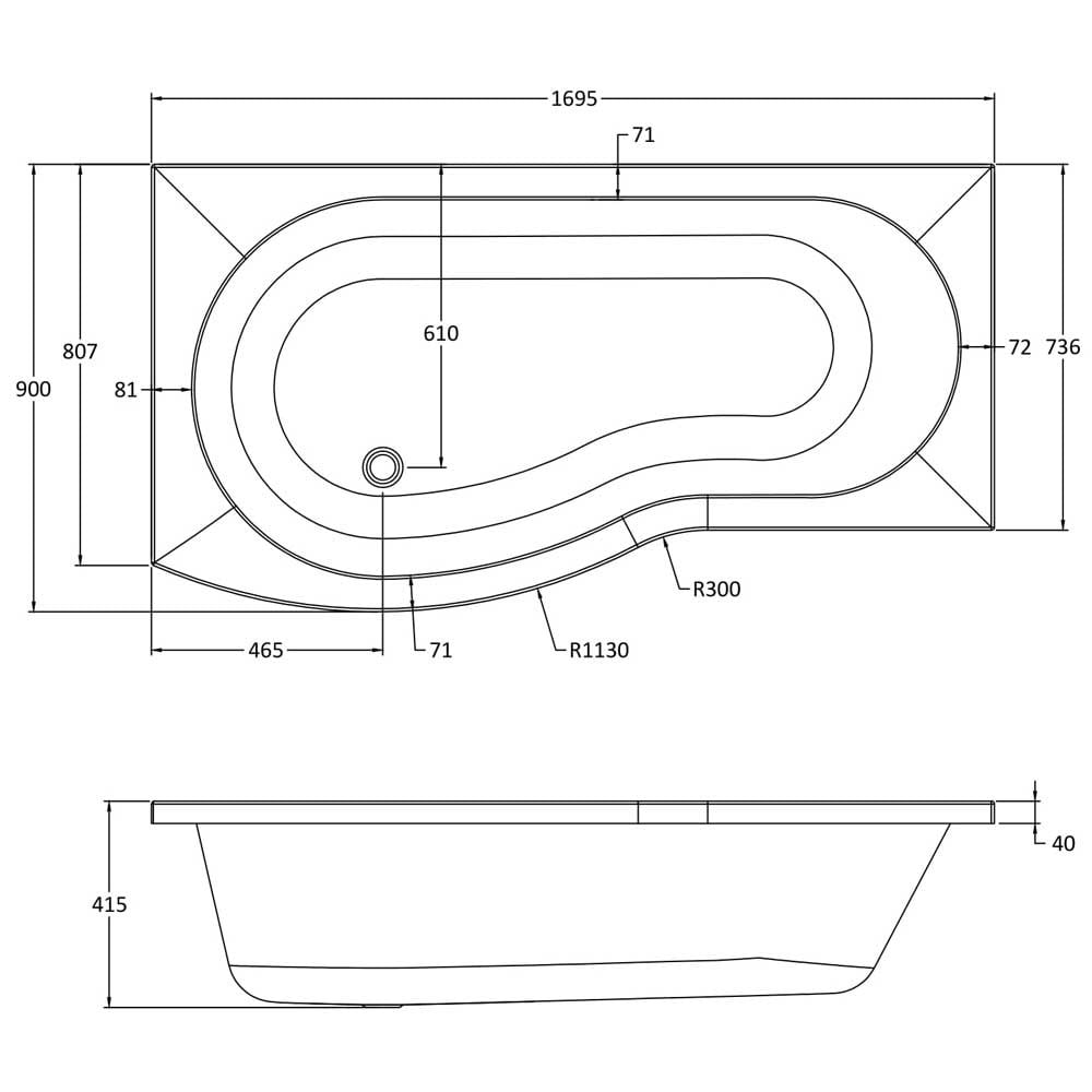Nuie Curved B Shape 1700mm Shower Bath LH, Fixed Screen & White Panel