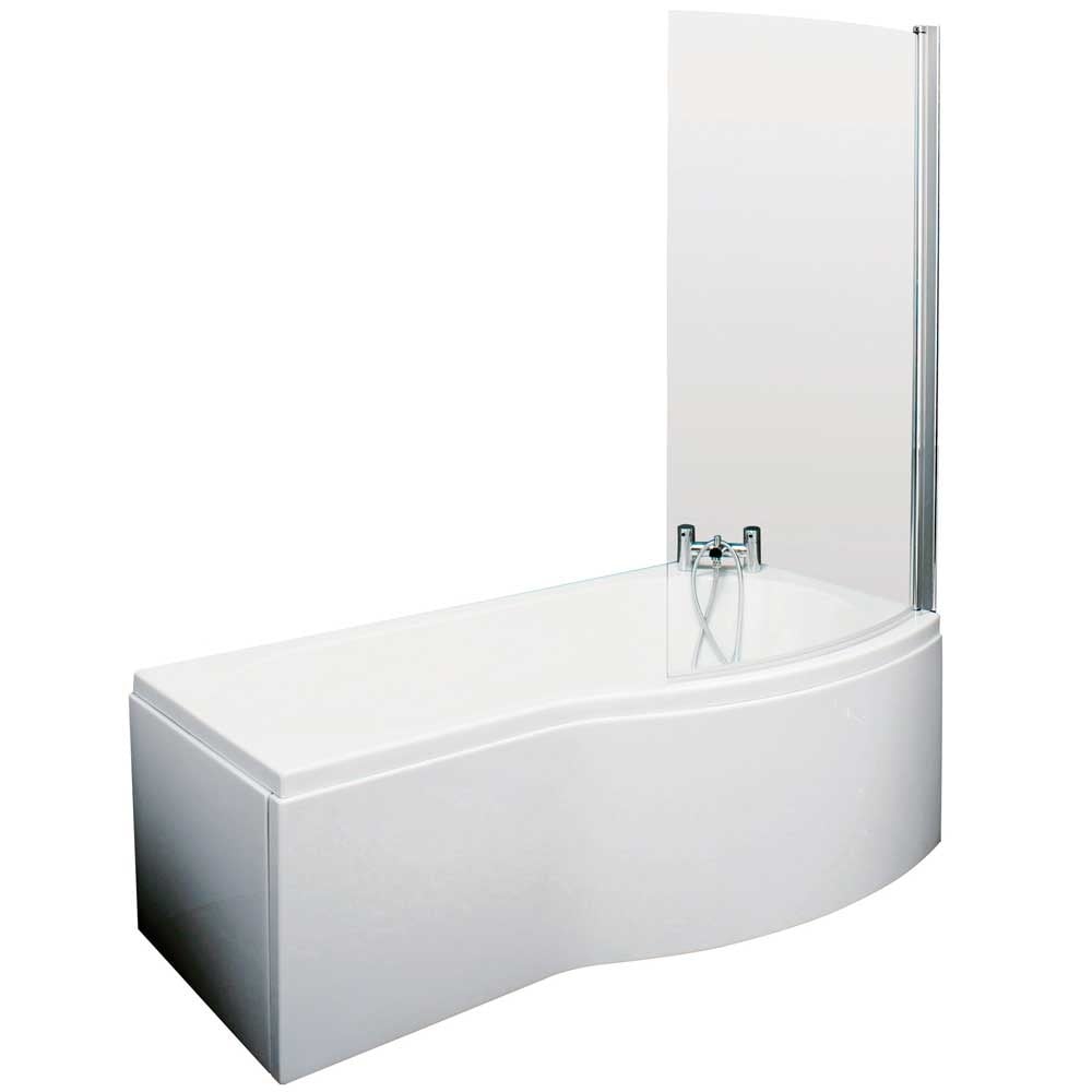 Nuie Curved B Shape 1700mm Shower Bath RH, Fixed Screen & White Panel