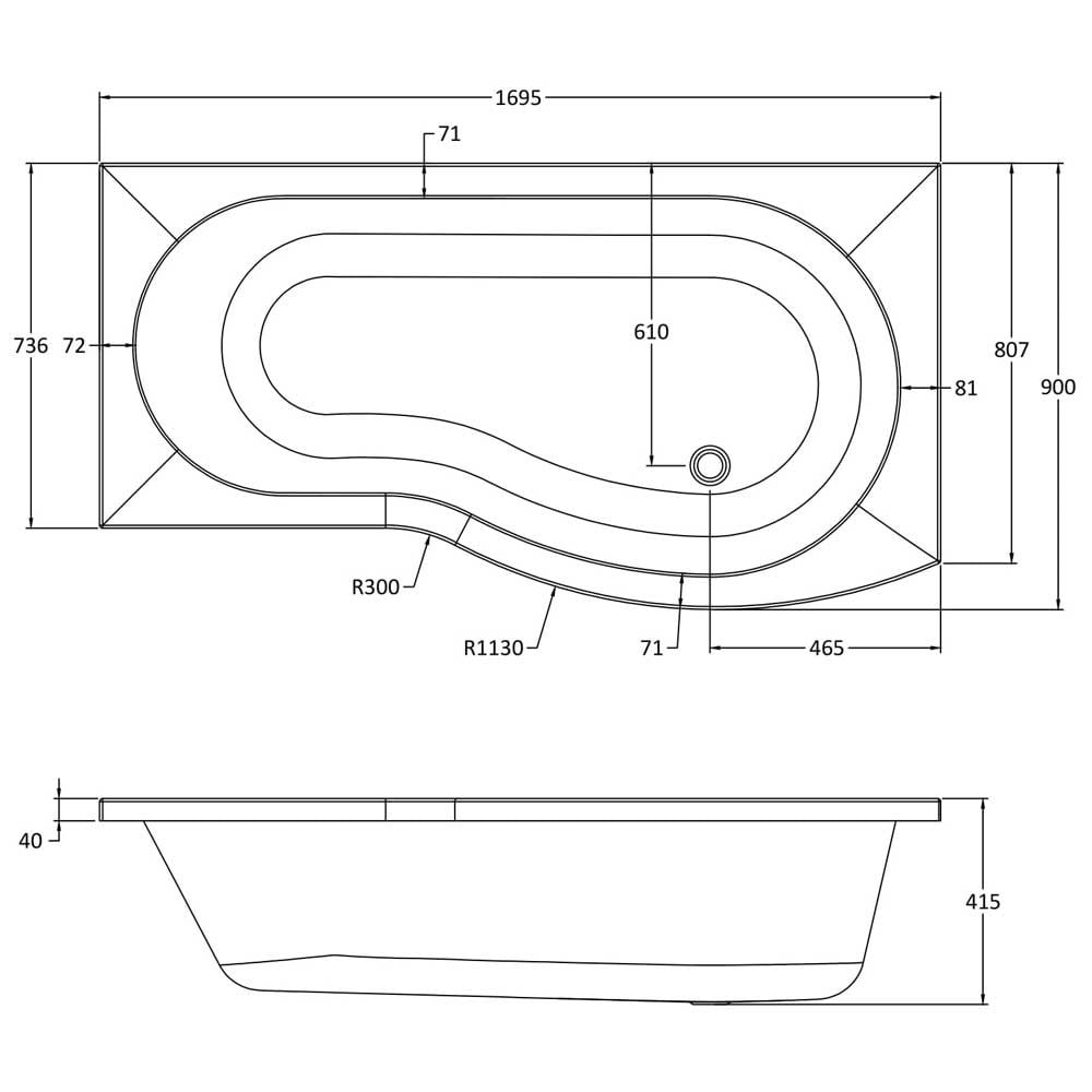 Nuie Curved B Shape 1700mm Shower Bath RH, Fixed Screen & White Panel