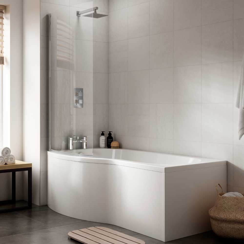 Nuie Curved B Shape 1500mm Shower Bath LH, Fixed Screen & White Panel